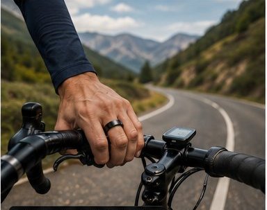 Cyclist with hand on bicycle handlebars using AxonRing for health and performance tracking